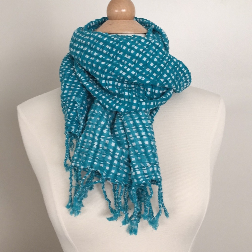 J. Crew Factory crinkled cotton teal gingham scarf